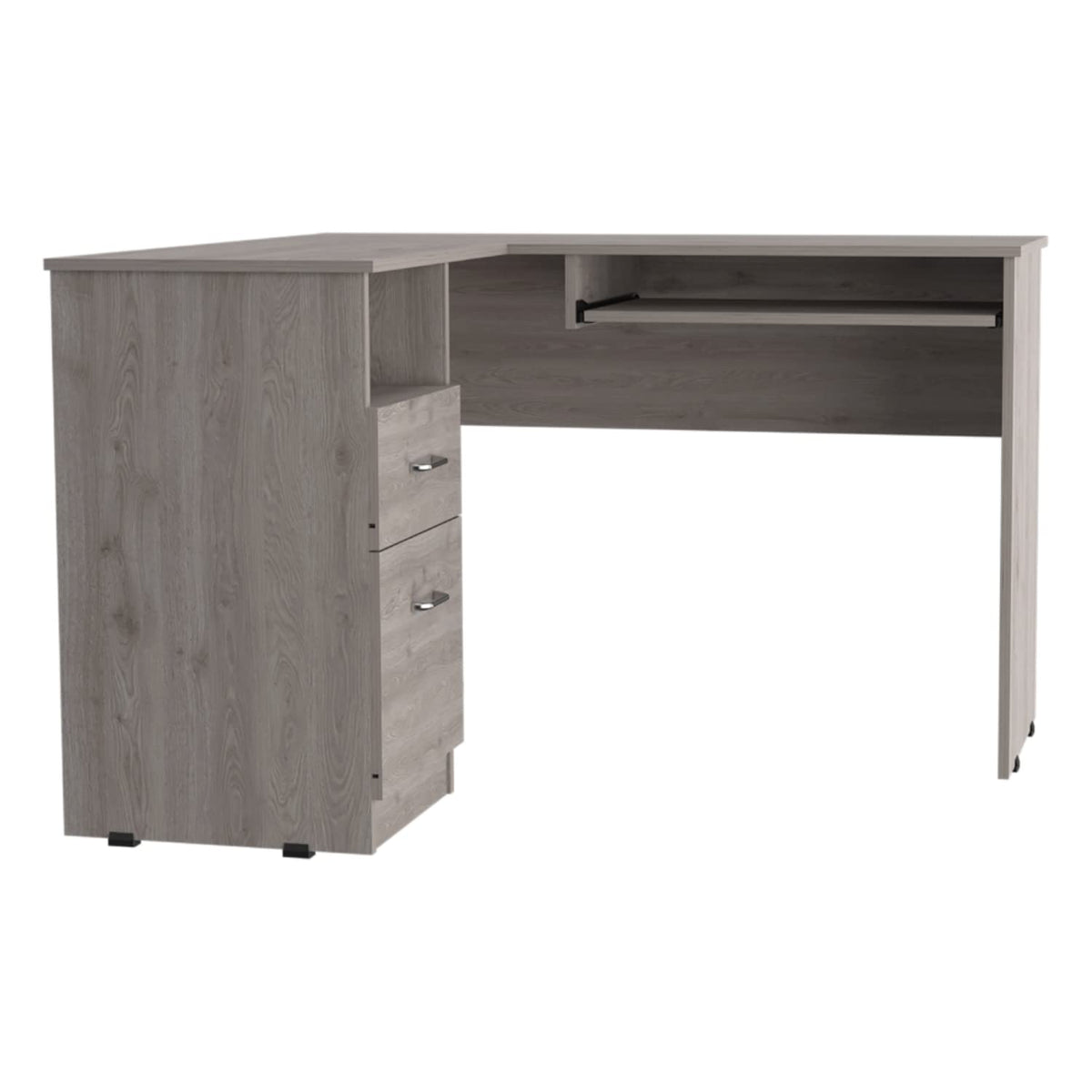 Idra L-Shaped Desk with Keyboard Tray, 2 Drawers, and Open Shelf, Light Gray