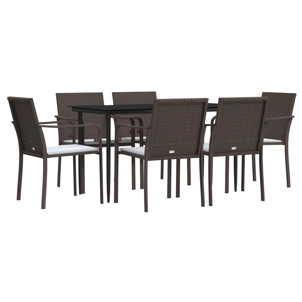 vidaXL 5-Piece Outdoor Patio Dining Set in Brown - Weather-Resistant Poly Rattan Chairs with Cushions, Tempered Glass-Top Table and Steel Frames in Black