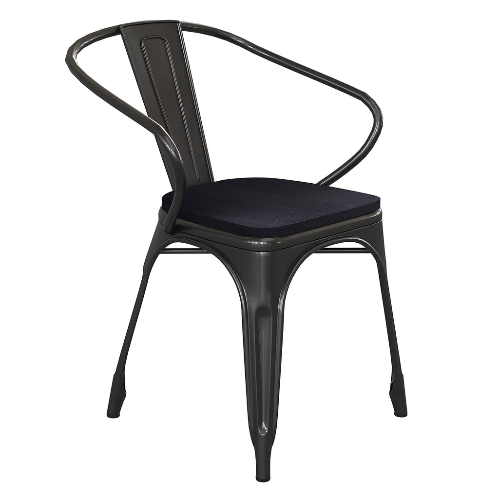 Flash Furniture Luna Commercial Grade Indoor-Outdoor Stack Chair With Arms - Black Metal Frame - Black All-Weather Polystyrene Seat - Vertical Slat Back
