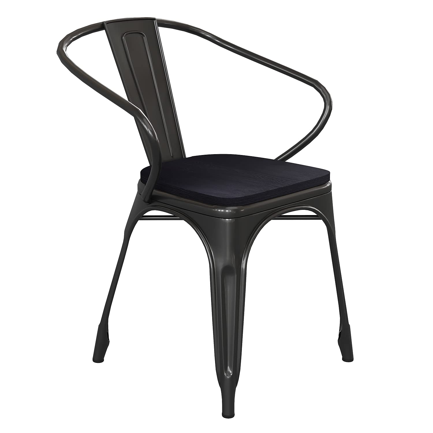 Flash Furniture Luna Commercial Grade Indoor-Outdoor Stack Chair With Arms - Black Metal Frame - Black All-Weather Polystyrene Seat - Vertical Slat Back