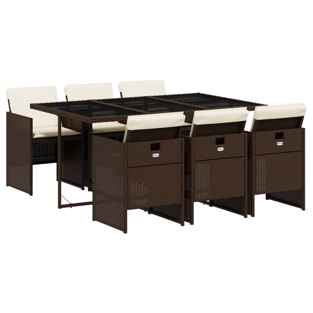 vidaXL Patio Dining Set with Cushions – 7 Piece Brown Poly Rattan Garden Furniture with Tempered Glass Tabletop and Foldable Chairs