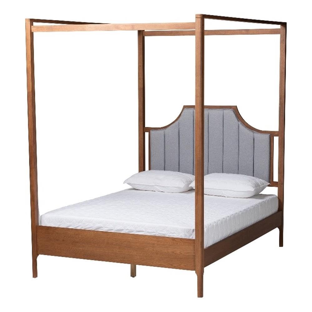 Baxton Studio Dakota Classic and Traditional Light Grey Fabric and Ash Walnut Finished Wood Queen Size Platform Canopy Bed