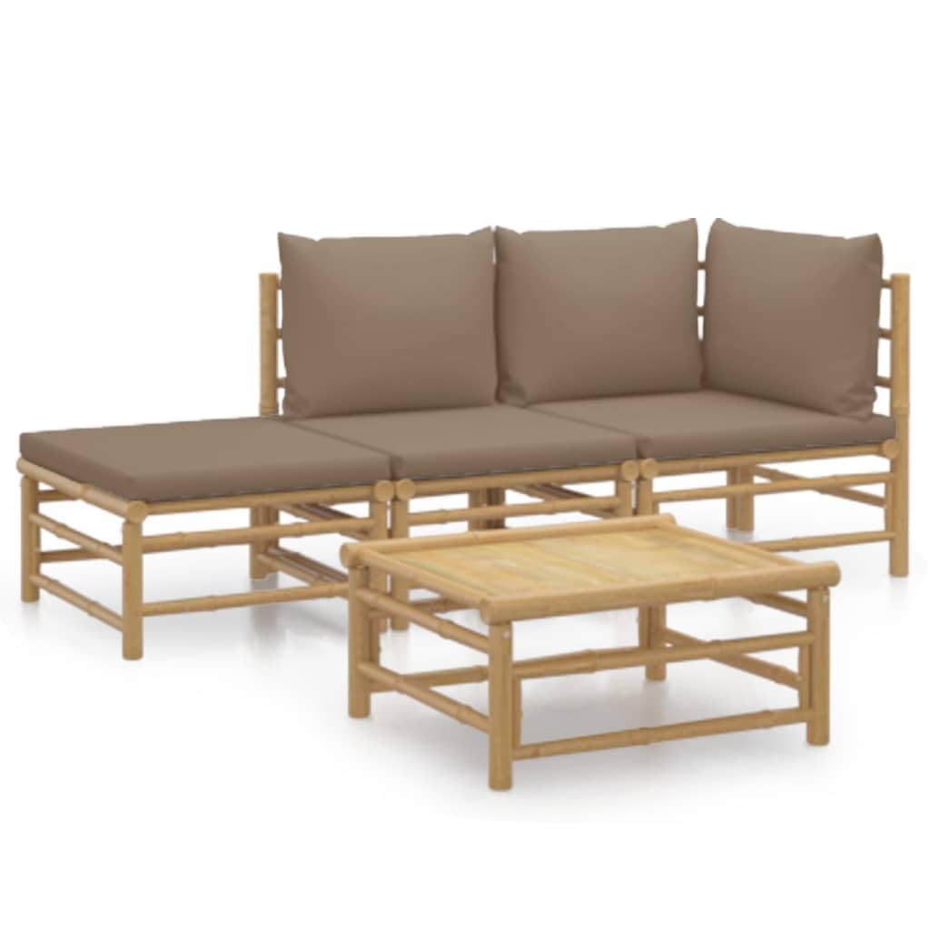 vidaXL 4 Piece Bamboo Patio Lounge Set with Taupe Cushions - Durable Outdoor Furniture with Comfortable Seating, Practical Table
