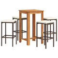 vidaXL 5-Piece Patio Bar Set with Square Solid Acacia Wood Table and PE Rattan Bar Stools - Brown, Cream-White Cushions