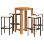 vidaXL 5-Piece Patio Bar Set with Square Solid Acacia Wood Table and PE Rattan Bar Stools - Brown, Cream-White Cushions