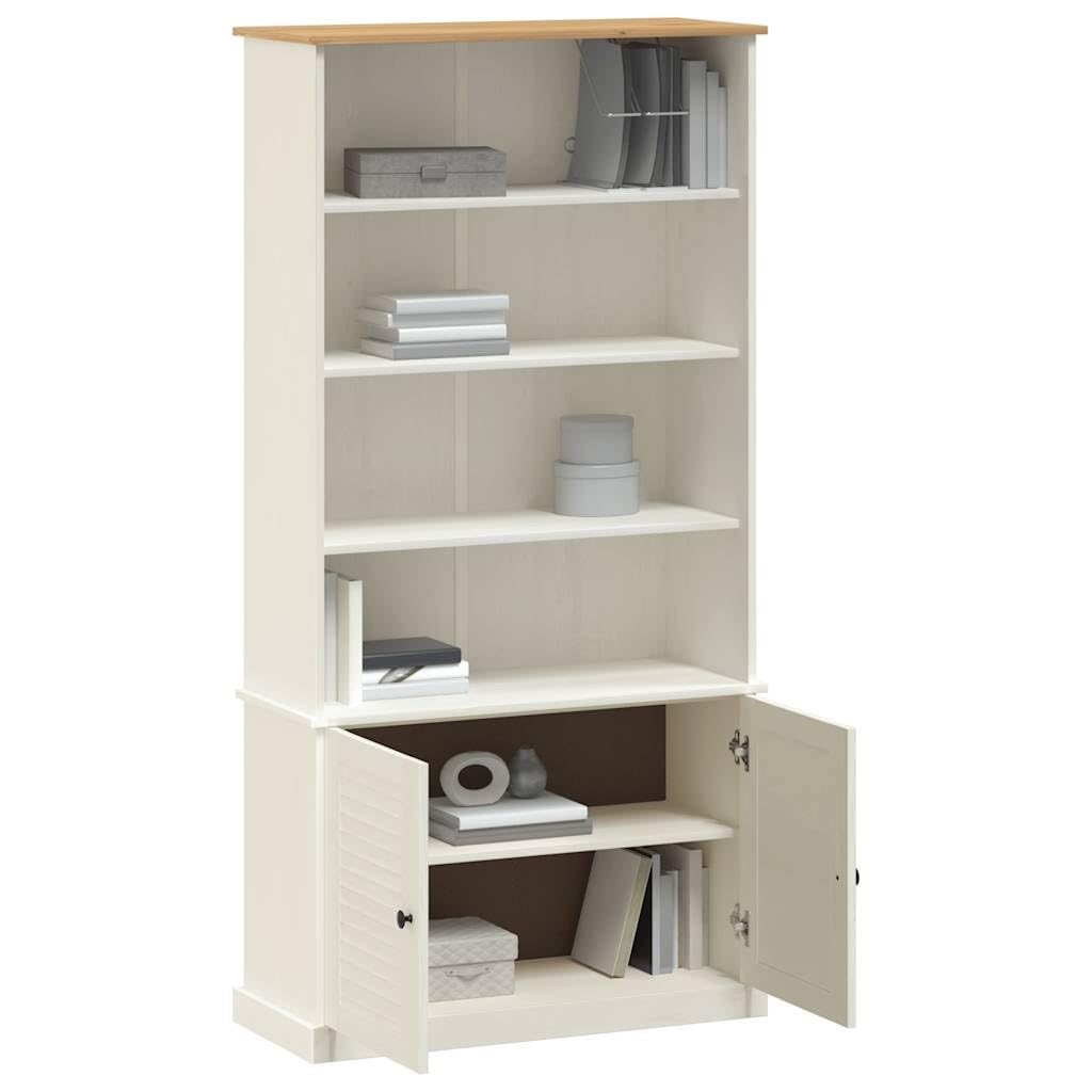 vidaXL VIGO White Solid Pine Wood Bookcase Storage with Doors - Freestanding Bookshelf for Living Room/Bedroom/Home Office