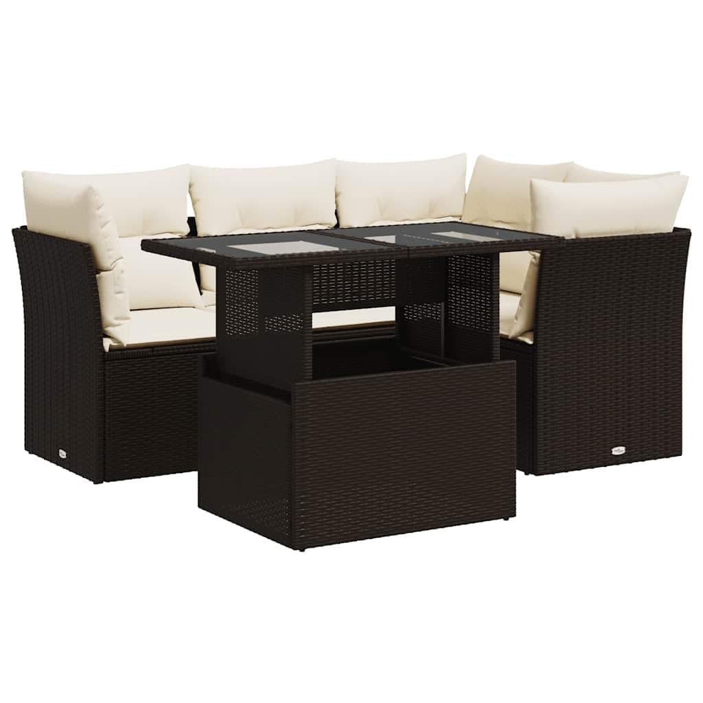 vidaXL 5 Piece Patio Sofa Set with Cushions Brown Poly Rattan