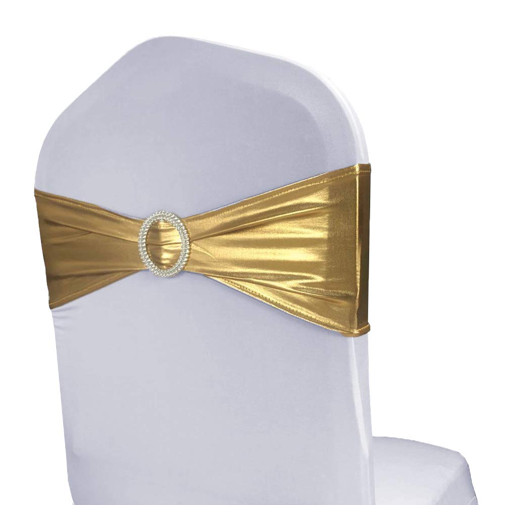 Wensinl Pack Of 50 Wedding Chair Sash, Elastic Chair Bands With Buckle Slider, Chair Bows For Wedding Decorations, Without White Chair Covers (Metallic Gold)