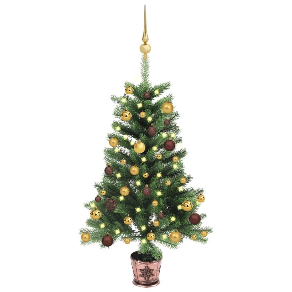 Vidaxl 35.4&quot; Green Artificial Christmas Tree With Leds, Shiny Gold, Matt Gold And Bronze Balls, And Steel Base - Complete Holiday Set For Indoor/Outdoor Use