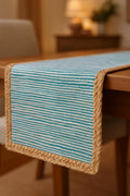 80 Aqua Off White And Natural Striped Cotton And Jute Table Runner