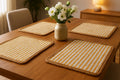 19 Set of Four Cream Yellow And Natural Striped Cotton And Jute Placemats