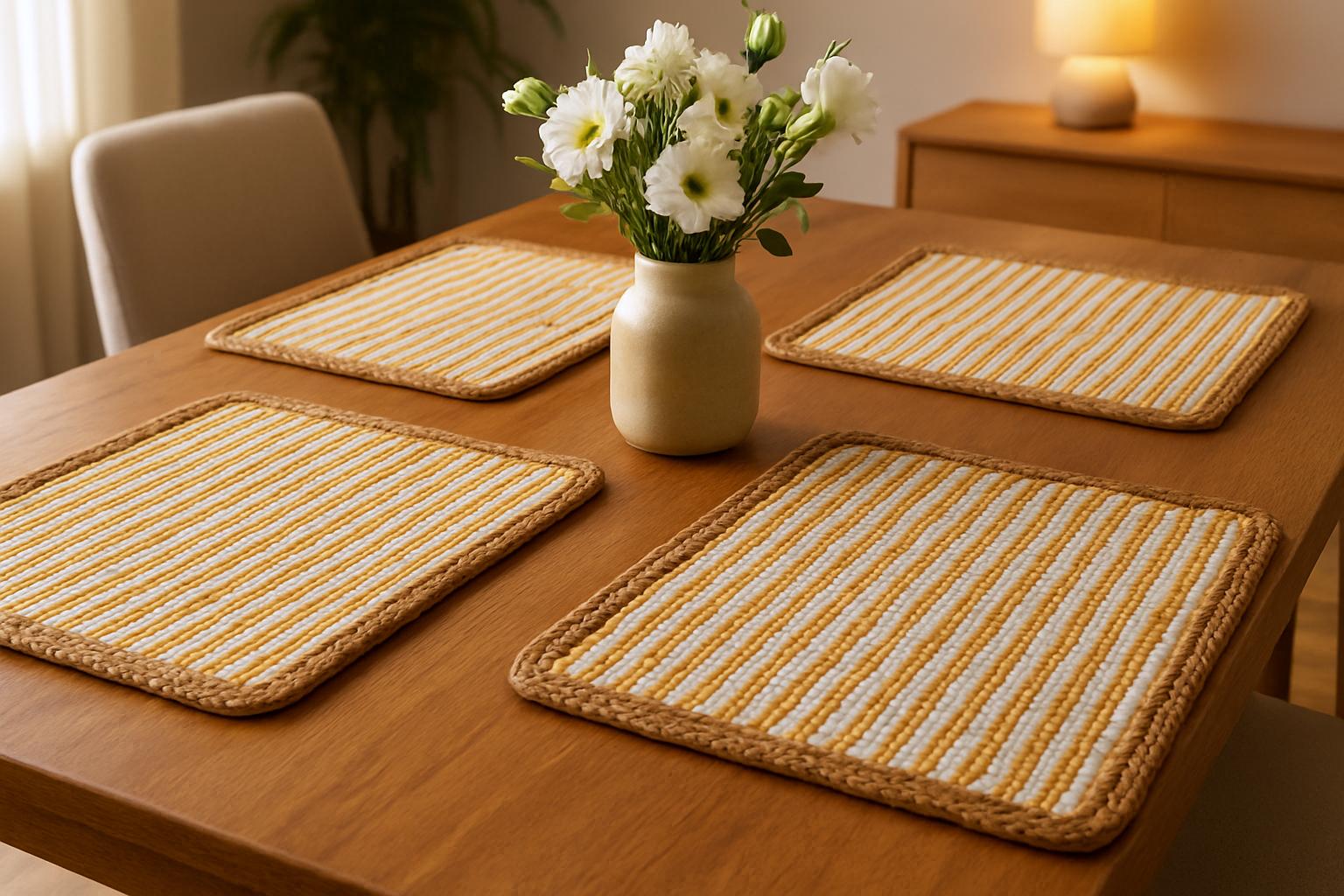 19 Set of Four Cream Yellow And Natural Striped Cotton And Jute Placemats