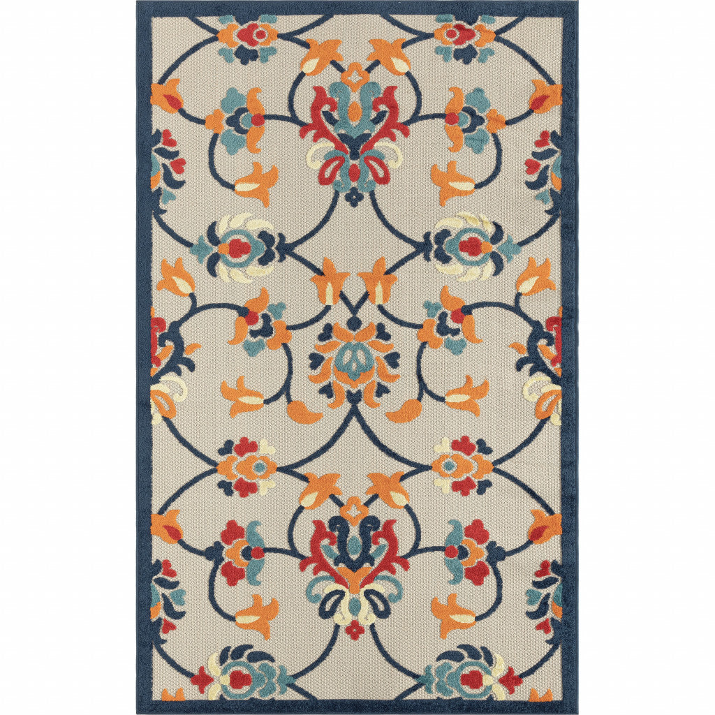 HomeRoots 517454 8 x 10 ft. Blue & Orange Floral Non Skid Indoor & Outdoor Rectangle Traditional Area Rug