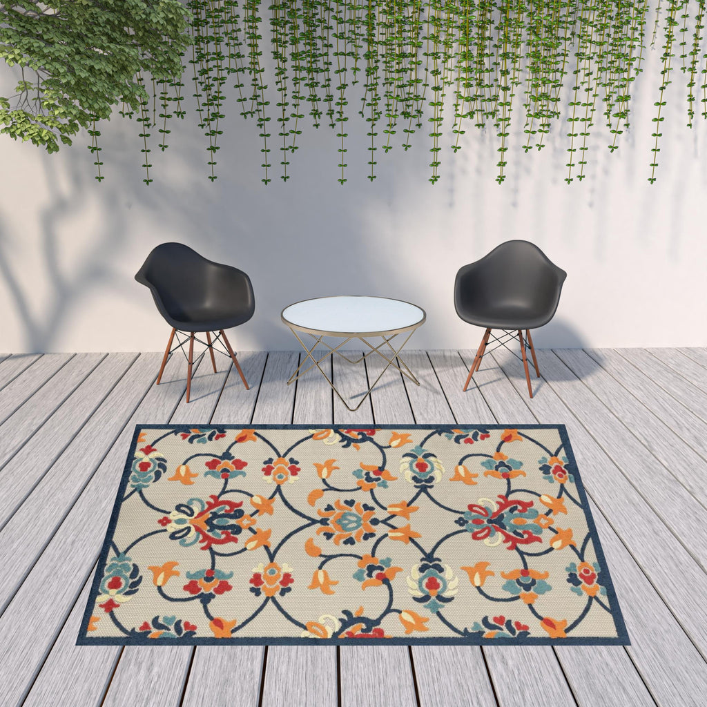HomeRoots 517454 8 x 10 ft. Blue & Orange Floral Non Skid Indoor & Outdoor Rectangle Traditional Area Rug