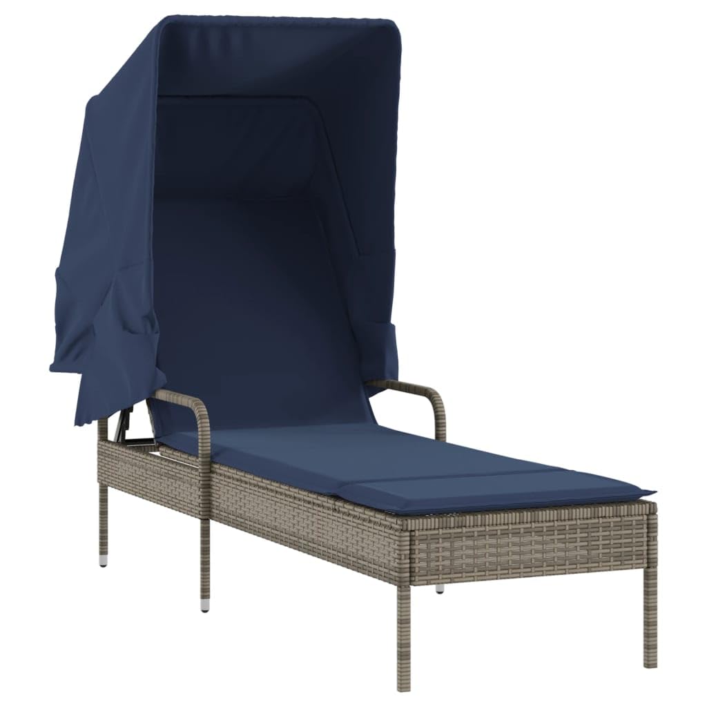vidaXL Sun Loungers with Retractable Canopy and Table - Gray Poly Rattan Outdoor Recliners with Adjustable Backrest & Navy Blue Cushions - Perfect for Patio, Garden, Deck