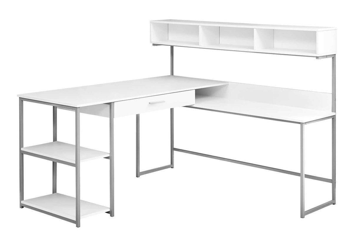 Monarch Specialties Workstation for Home & Office with Multiple Shelves and Drawer L-Shaped Corner Desk with Hutch, 60' L, White/Silver Frame