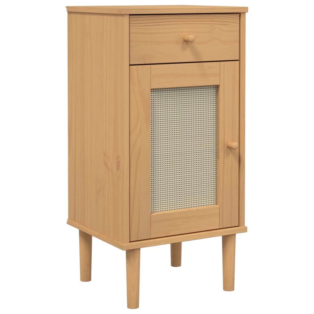 vidaXL SENJA Rattan Look Bedside Cabinet-End Table in Brown, Solid Pine Wood with UV Varnish, Ample Storage, Sturdy Top