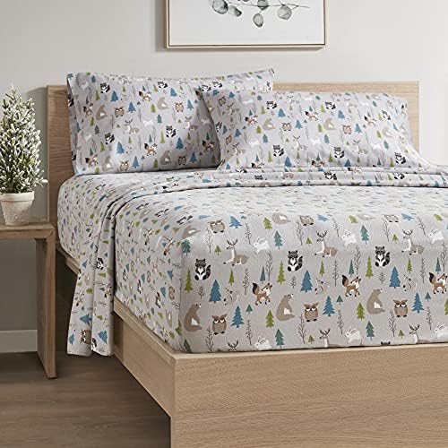 Comfort Spaces Cotton Flannel Breathable Warm Deep Pocket Sheets With Pillow Case Bedding, Twin, Multi Forest Animal 3 Piece