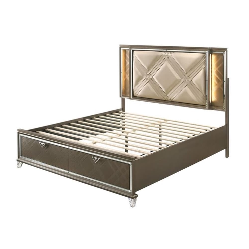 Acme Skylar Queen Bed with Storage in LED in PU and Dark Champagne