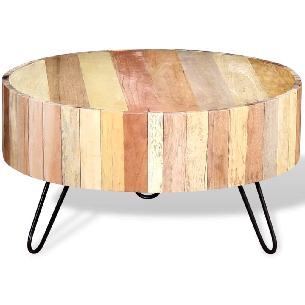 vidaXL Coffee Table with Iron Legs, Round Center Table for Living Room, Fully Handmade, 27.6''Fx15.0'', Solid Reclaimed Wood, Beige