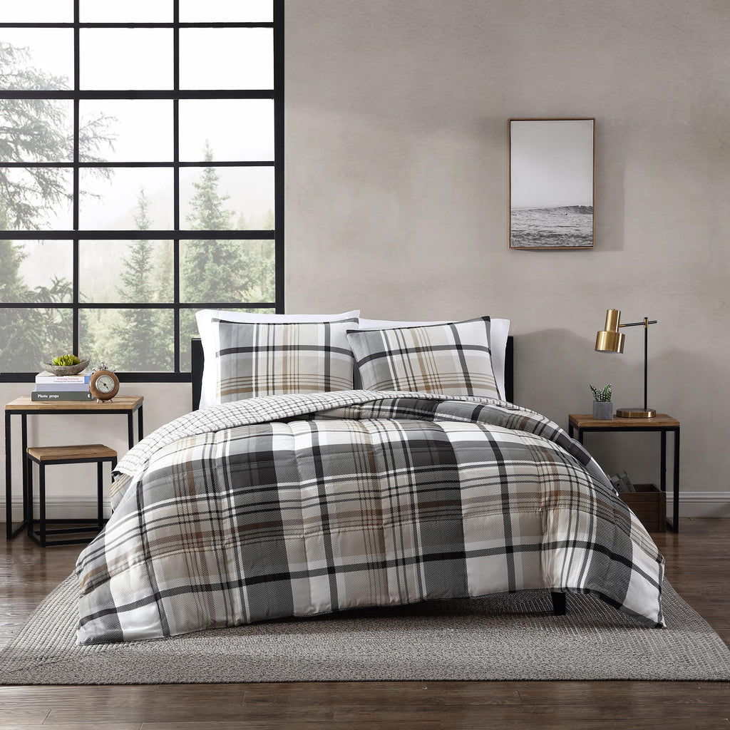 Eddie Bauer - Twin Comforter Set, Plaid Reversible Bedding, Stylish & Warm Home Decor (Normandy Grey, Twin),Grey/White/Beige