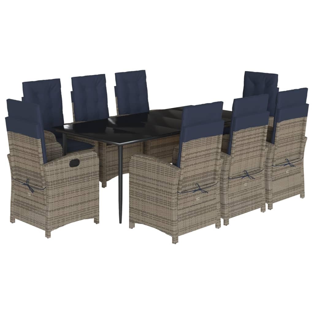 vidaXL 9-Piece Patio Dining Set - Gray Poly Rattan, Navy Cushions, Tempered Glass Table, Adjustable Reclining Chairs with Footrests
