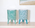 Set of Two Aqua Teal And White Ceramic 2 Ounce Chevron Round Distressed Pot Planters