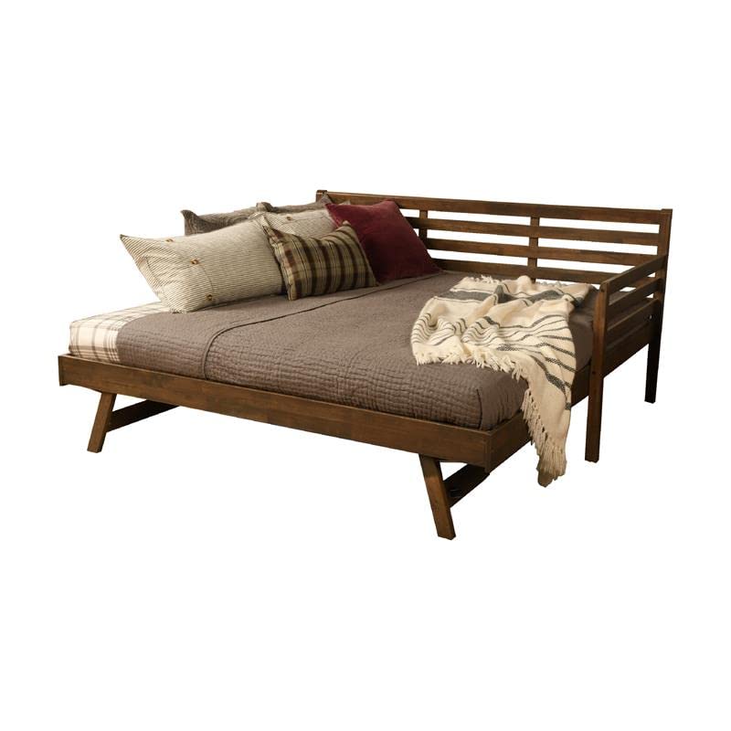 Kodiak Furniture Twin to King Size Daybed with Pop Up Trundle in Wood in Rustic Walnut, No Box Spring Needed, Easy Assembly, Up to 500 lbs Weight Capacity