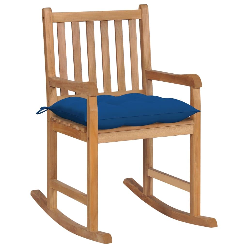 vidaXL Rocking Chair | Indoor/Outdoor Solid Teak Wood Construction | Comfortable Slatted Design | Comes with Blue Cushion | Easy Assembly