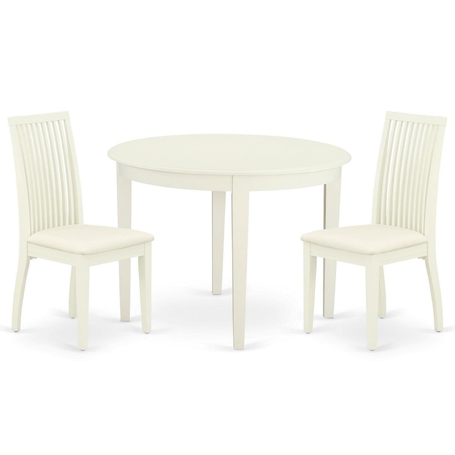 East West Furniture Boip3-Whi-C 3 Piece Kitchen Table Set For Small Spaces Contains A Round Dining Room Table And 2 Linen Fabric Upholstered Dining Chairs, 42X42 Inch, Linen White