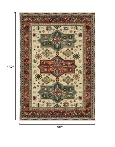 HomeRoots 509266 8 x 11 ft. Brick Red Orange Rust Beige Gold Pale Blue Olive Navy & Black Oriental Power Loom Stain Resistant Rectangle Area Rug with Fringe, Rectangular