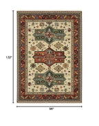 HomeRoots 509266 8 x 11 ft. Brick Red Orange Rust Beige Gold Pale Blue Olive Navy & Black Oriental Power Loom Stain Resistant Rectangle Area Rug with Fringe, Rectangular