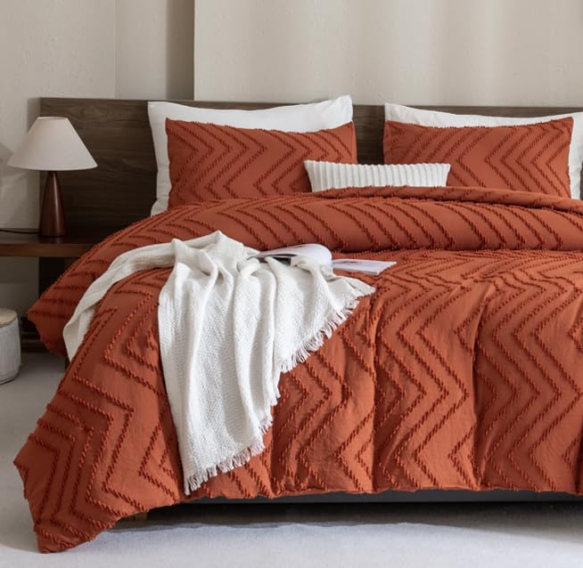 Andency Burnt Orange King Size Comforter, Boho Terracotta Soft Warm Bedding Comforter Sets For King Bed, 3 Pieces Rust Chevron Tufted Aesthetic Microfiber Lightweight Comforter Set