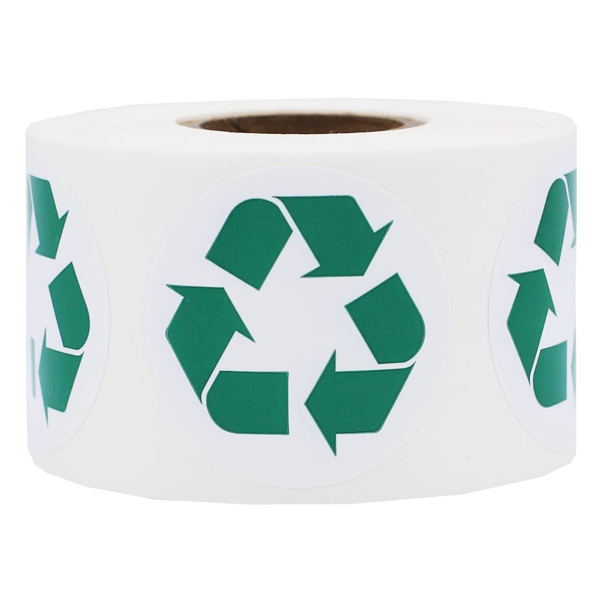 White And Green Recycle Logo Stickers, 1.5 Inches Round, 500 Labels On A Roll