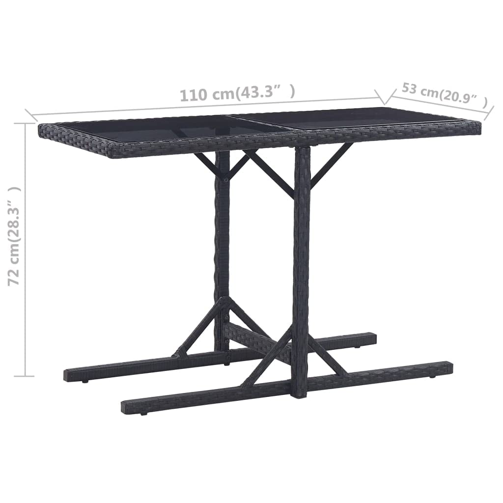vidaXL- Black Patio Table - Poly Rattan - Glass Top - Weather Resistant - Easy Assembly - 43.3"x20.9"x28.3"