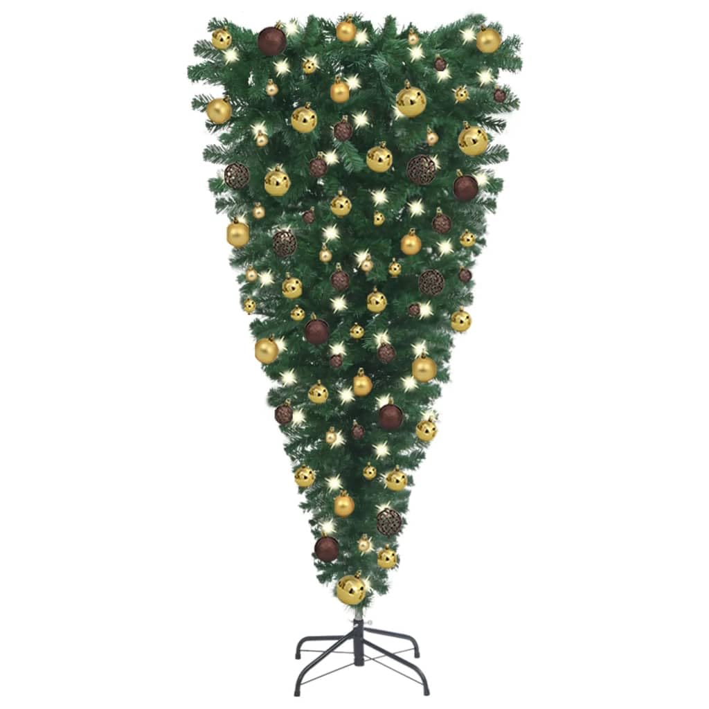 Vidaxl Artificial Christmas Tree In Upside-Down Style, 59.1 Inches, With Leds And Decorative Balls, Economical Choice, In Durable Pvc - Green Gold