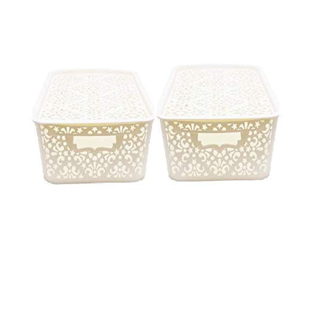 Cutting EDGE Plastic Turkish Storage Basket with Lid,Medium,Cream(Set of 2)