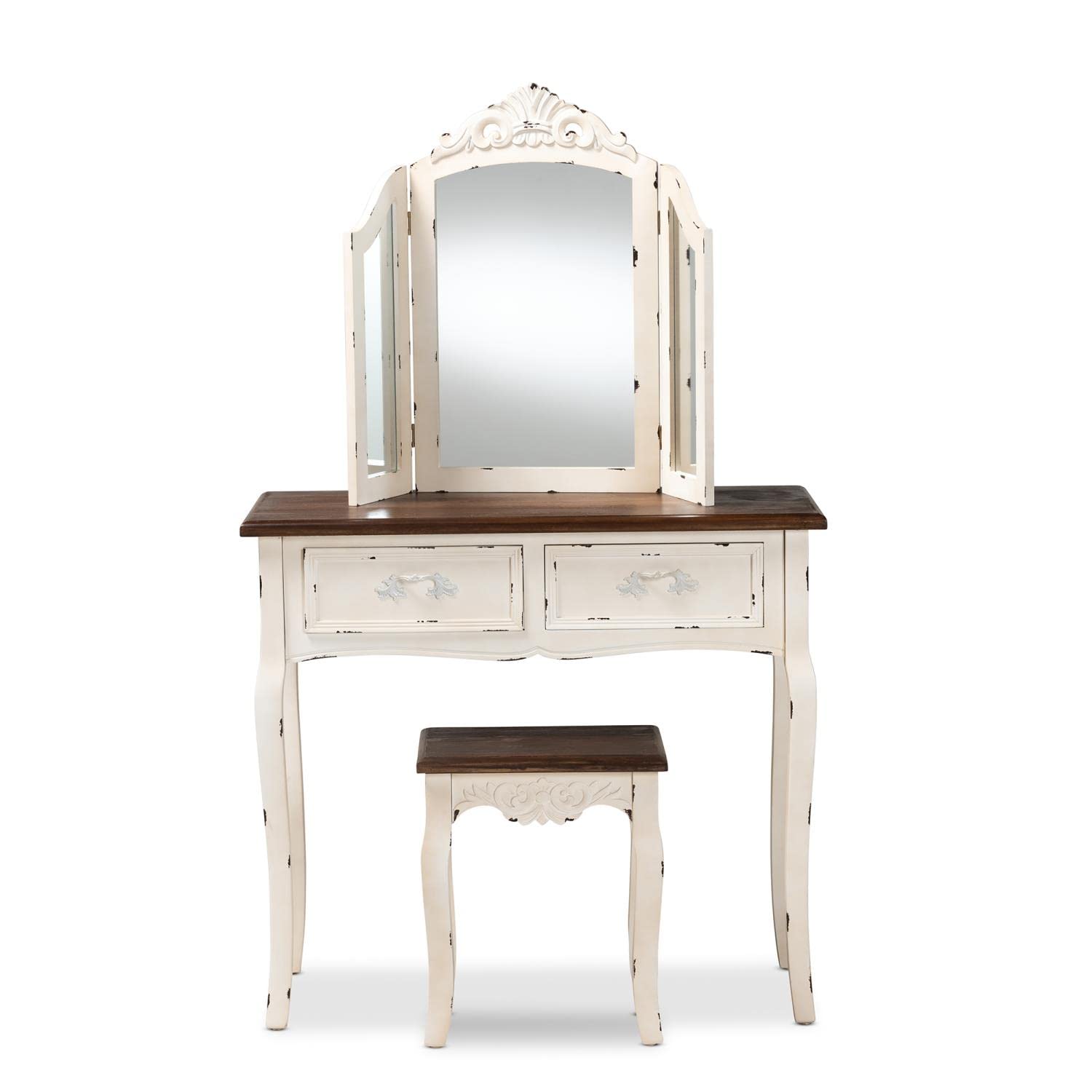 Baxton Studio Levron Brown and Antique White Finished Wood 2-Piece Vanity Set