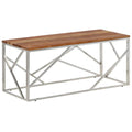vidaXL Silver Stainless Steel and Solid Acacia Wood Coffee Table - Modern Rectangular Sofa Table for Living Room, Office, Lounge