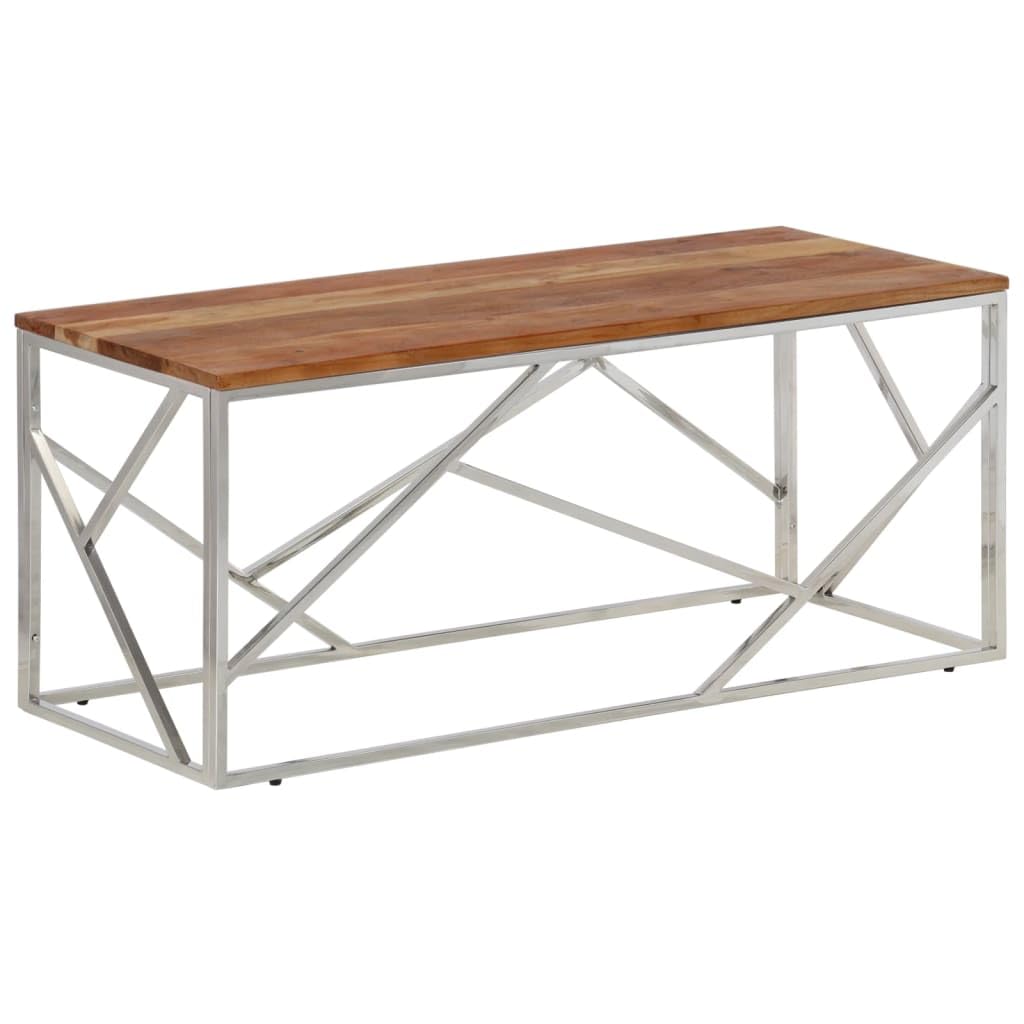 vidaXL Silver Stainless Steel and Solid Acacia Wood Coffee Table - Modern Rectangular Sofa Table for Living Room, Office, Lounge