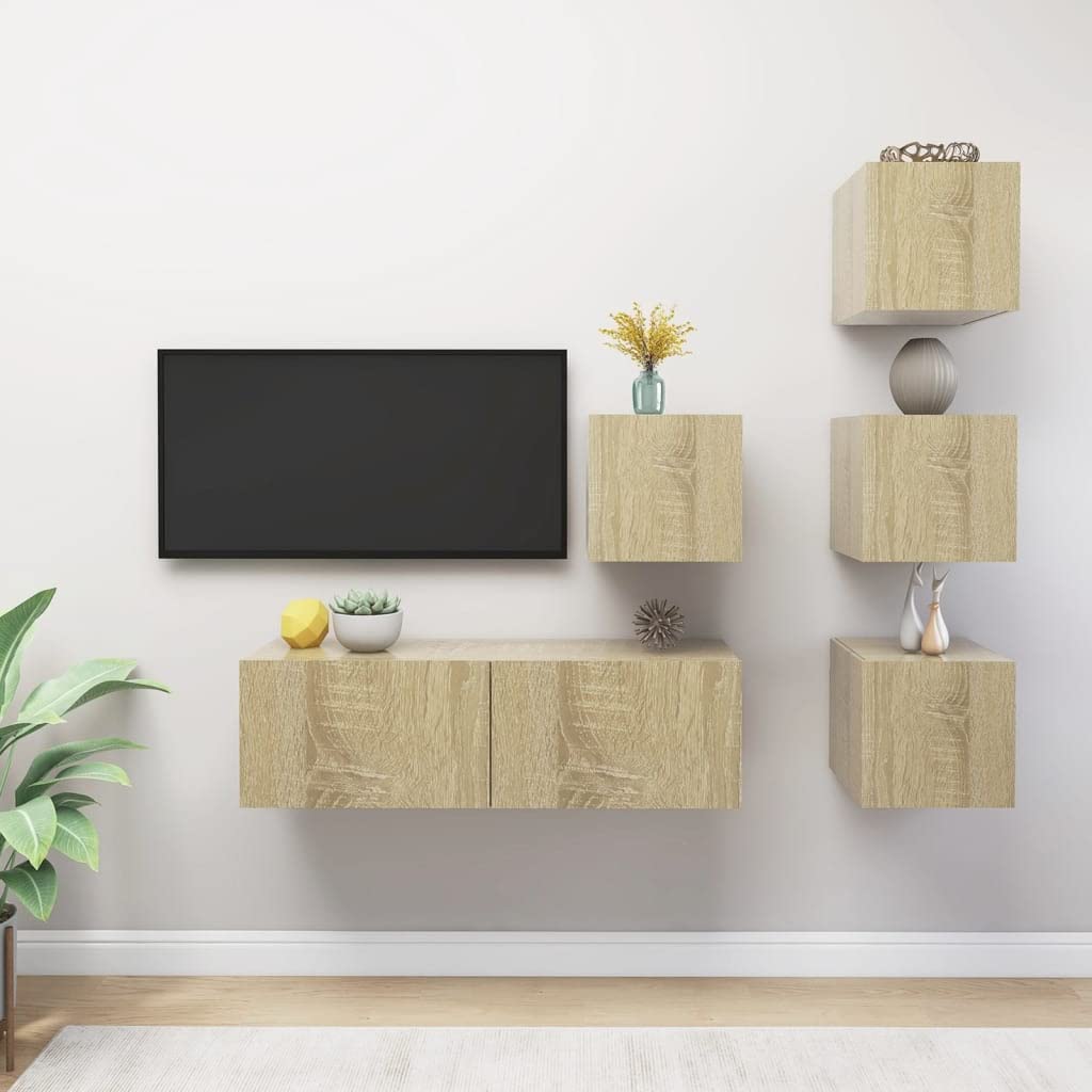 vidaXL TV Stand Set 5 Piece Home Indoor Living Room Hanging Wall-Mounted Stereo Plasma HiFi Cabinet TV Unit Furniture Engineered Wood Sonoma Oak