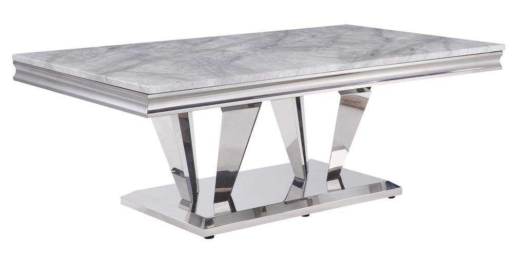 Satinka Coffee Table in Light Gray Printed Faux Marble & Mirrored Silver Finish