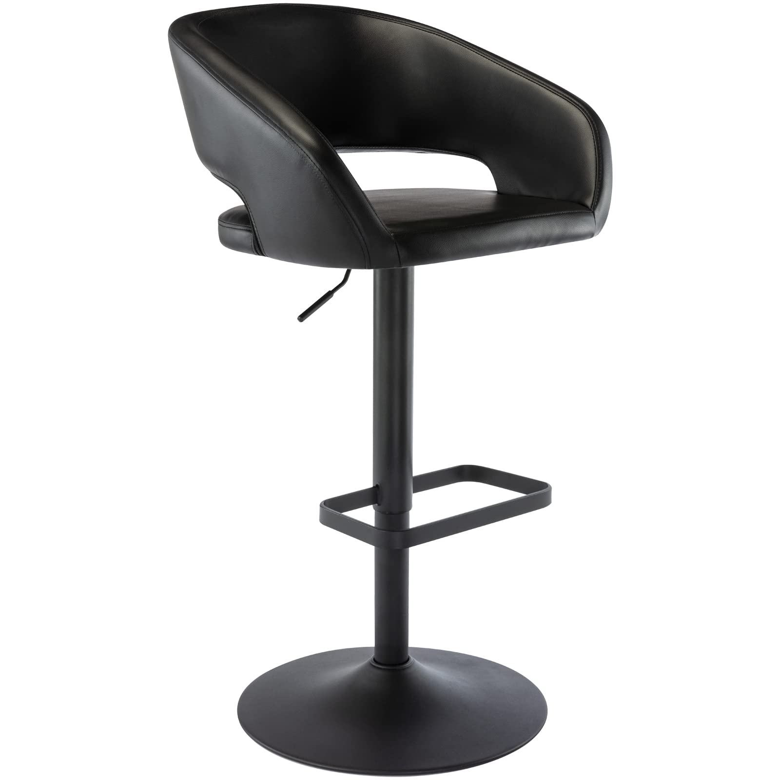 Vogue Furniture Direct Adjustable Bar Stool With Hollow Back And Arms, Modern Pu Leather Swivel Barstool, Airlift Counter Height Bar Chair For Kitchen Dining Room (Black, Balck Base)