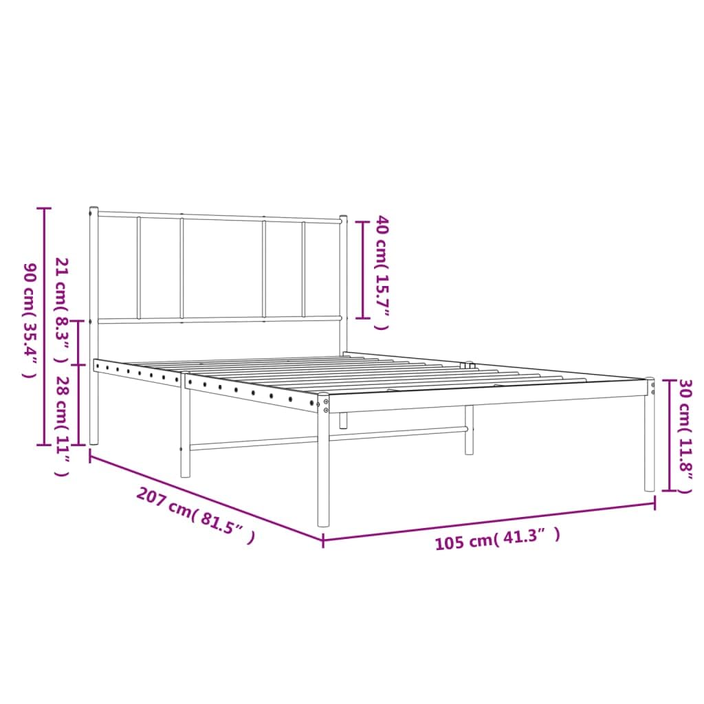 vidaXL Single Bed - Robust Metal Bed Frame with Headboard | Black Steel Construction | Ample Storage Space | 39.4&quot;x78.7&quot;