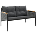 vidaXL Patio Bench with Cushions 45.7"- Black Steel/Teak Wood- Outdoor Garden Seating- Weather Resistant Fabric- UV Protection- Easy Assembly