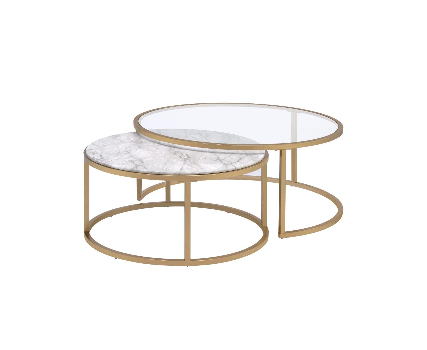 Acme Shanish 2-Piece Round Faux Marble Top Coffee Table Set in Gold and Clear