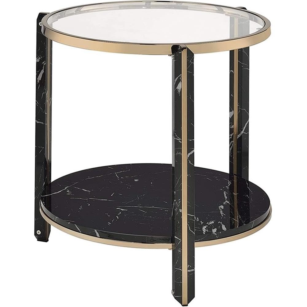 Acme Thistle Round Glass Top End Table in Black and Champagne