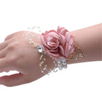Flonding Girl Bridesmaid Wrist Corsage Bridal Silk Wrist Flower with Faux Pearl Bead Stretch Bracelet Wristband Gold Leaf for We