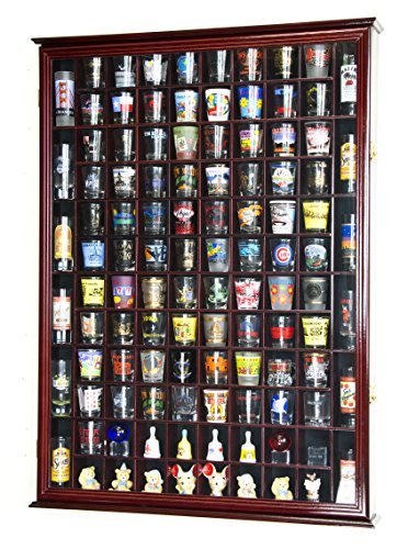 108 Shot Glass Shotglass Shooter Display Case Holder Cabinet Wall Rack 98% UV Lockable Door -Cherry