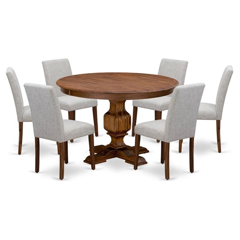 East West Furniture F3AB7-N35 Ferris 7 Piece Room Furniture Set Consist of a Round Dining Table with Pedestal and 6 Doeskin Linen Fabric Upholstered Chairs, 48x48 Inch